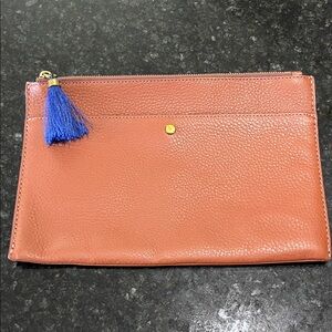JCREW Elegant Tan Leather Clutch with Blue Tassel